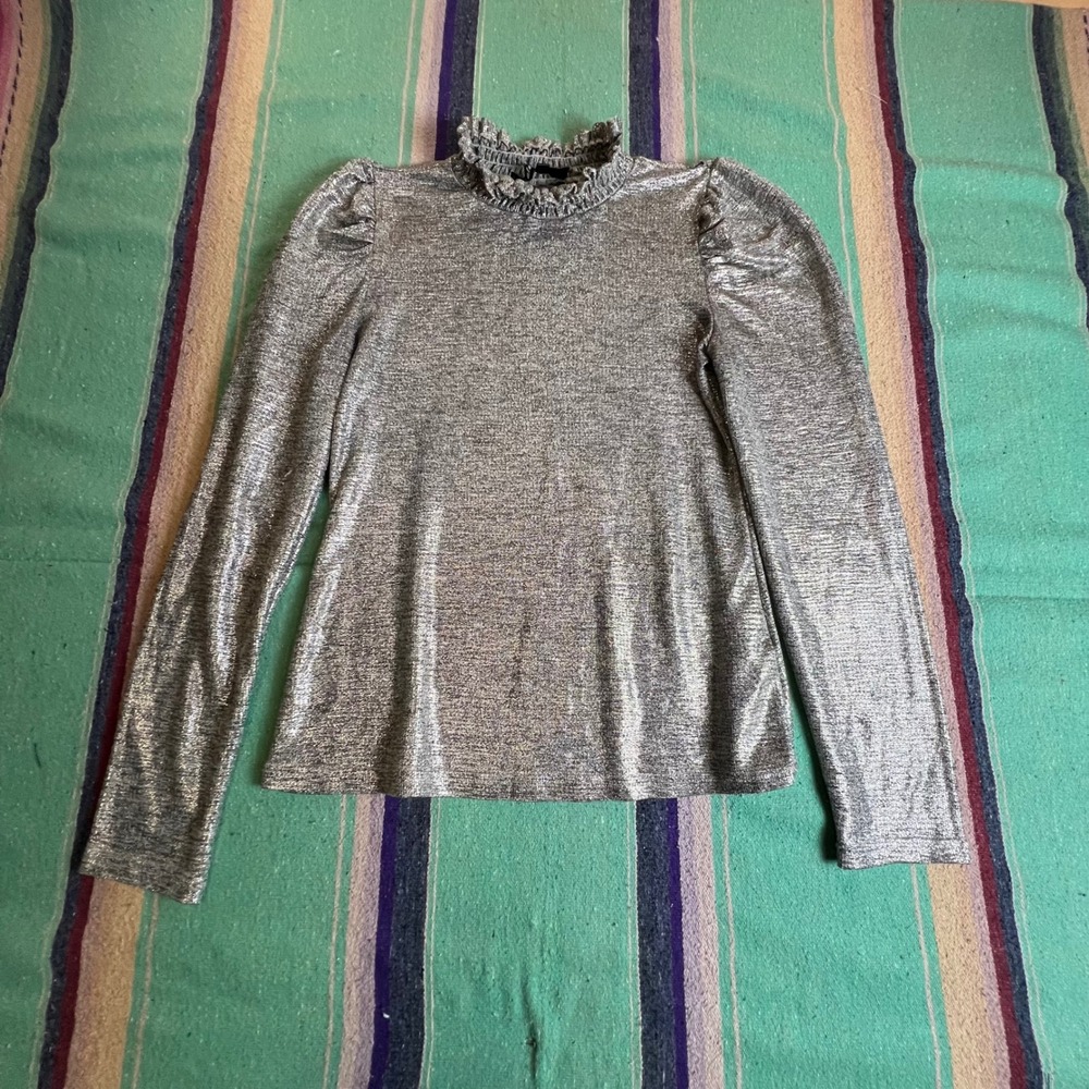 Alice Blue Blouse Womens Small Silver Metallic Puff Sleeve Ruffle Mock Neck Top